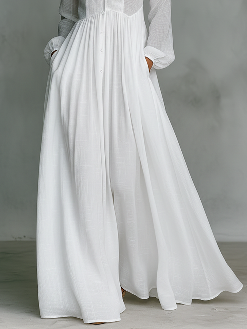 Elisa™ – Maxi Minimalist in Cotton and Linen with Patchwork, High Neck and Long Sleeves